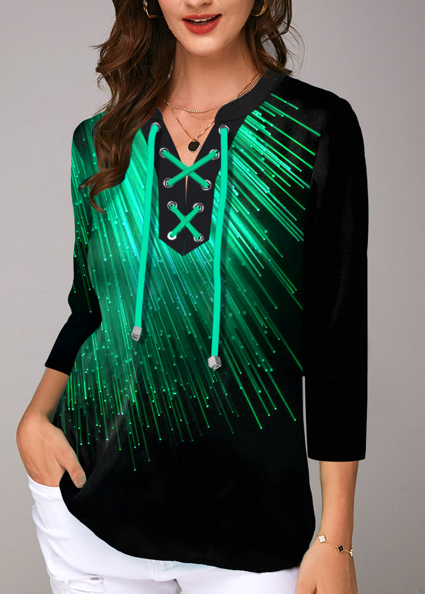 Green tops,Floral tops,ROTITA Three Quarter Sleeve Printed Lace Up Blouse