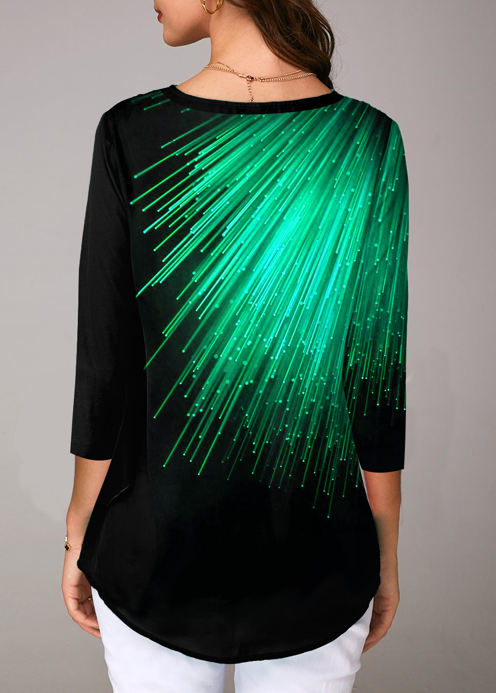 Green tops,Floral tops,ROTITA Three Quarter Sleeve Printed Lace Up Blouse