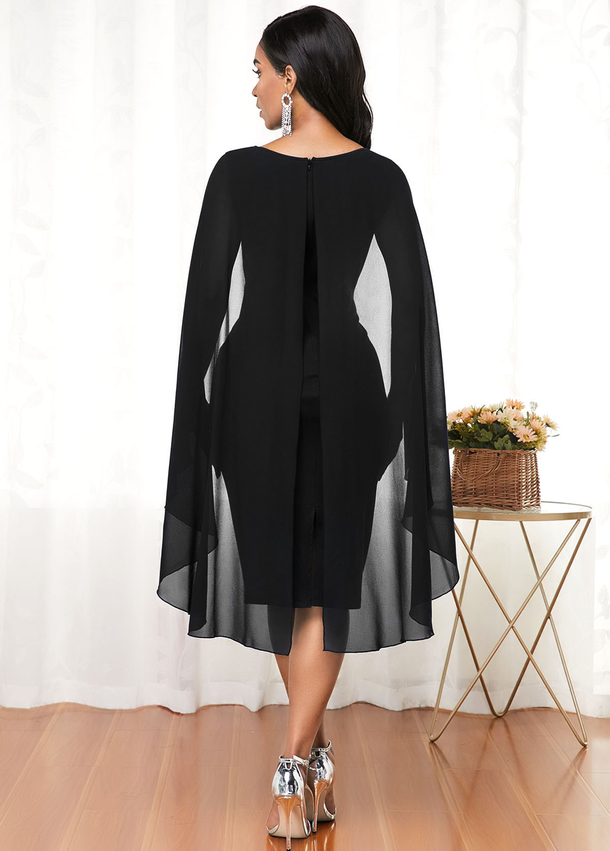 Black dresses,Plain Color dresses,ROTITA Black V Neck Cape Shoulder Dress