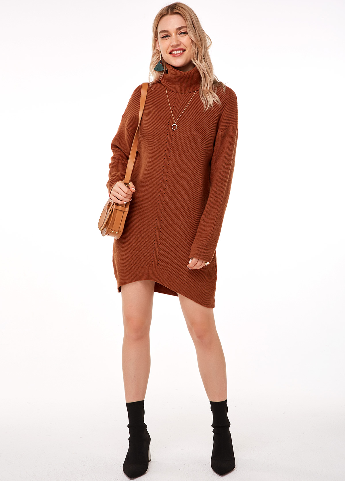 red turtleneck dress with sleeves