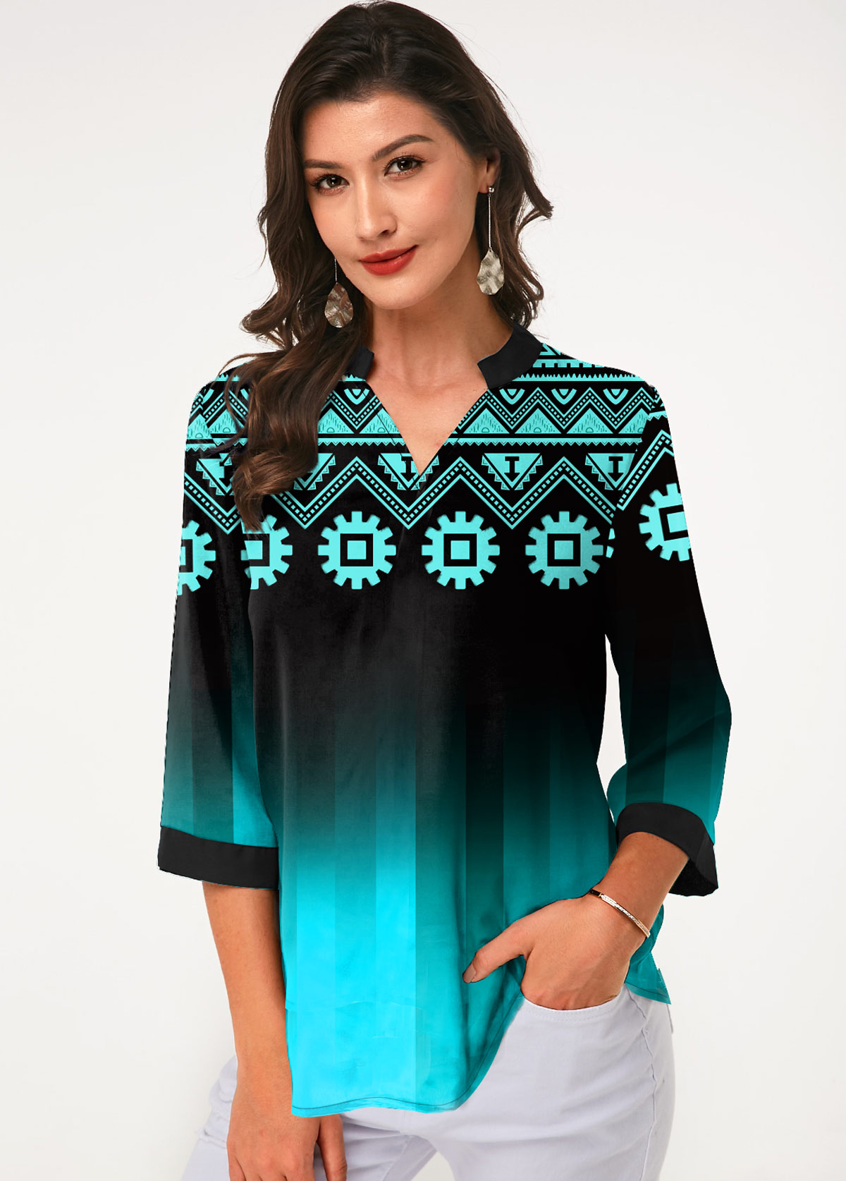 Cyan tops,Floral tops,ROTITA Tribal Print Three Quarter Sleeve Blouse