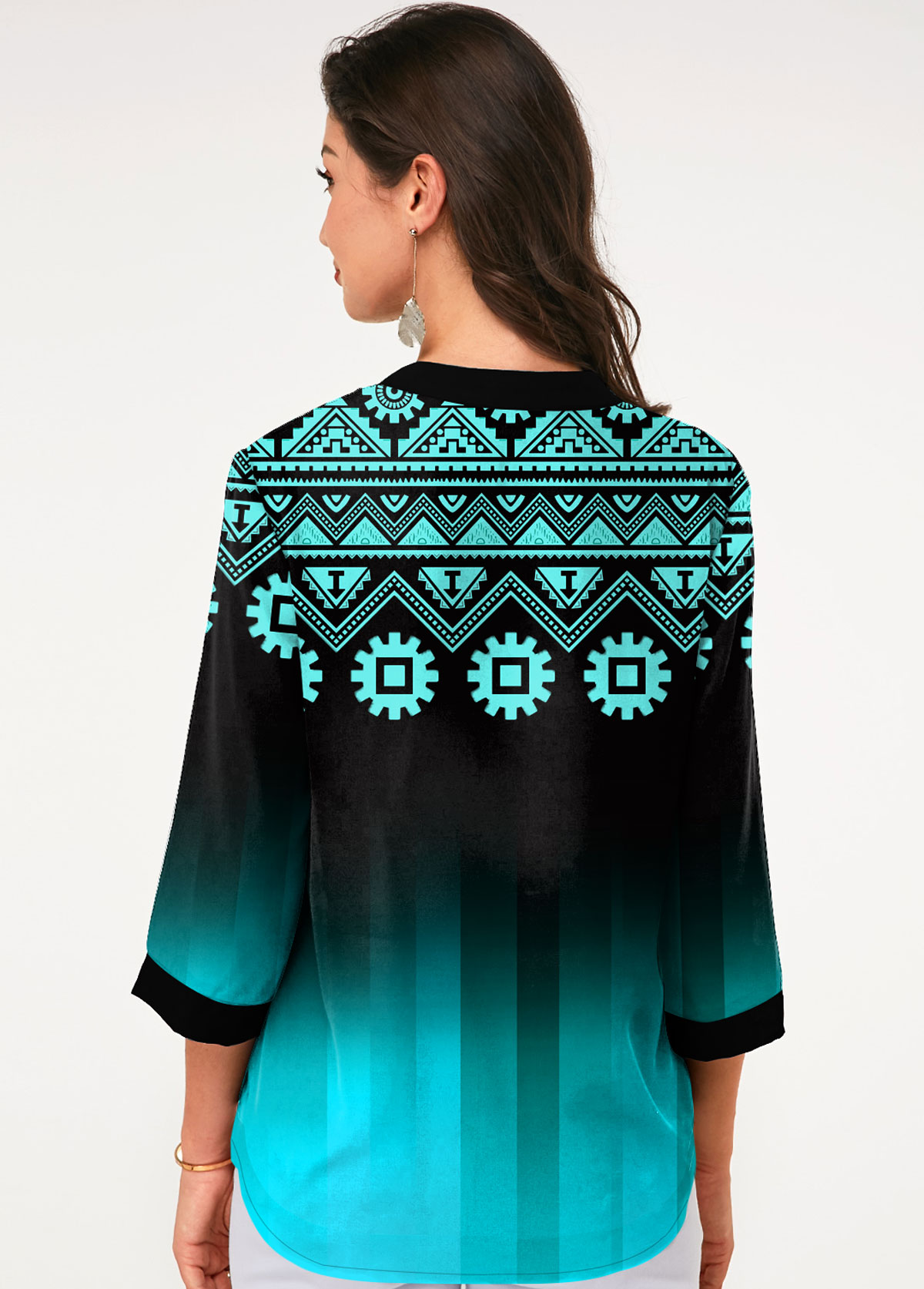 Cyan tops,Floral tops,ROTITA Tribal Print Three Quarter Sleeve Blouse