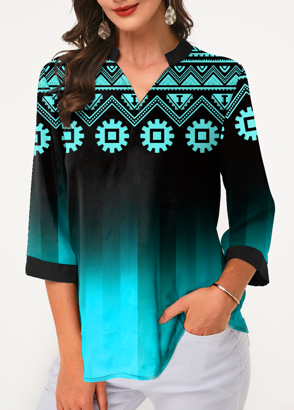 Cyan tops,Floral tops,ROTITA Tribal Print Three Quarter Sleeve Blouse