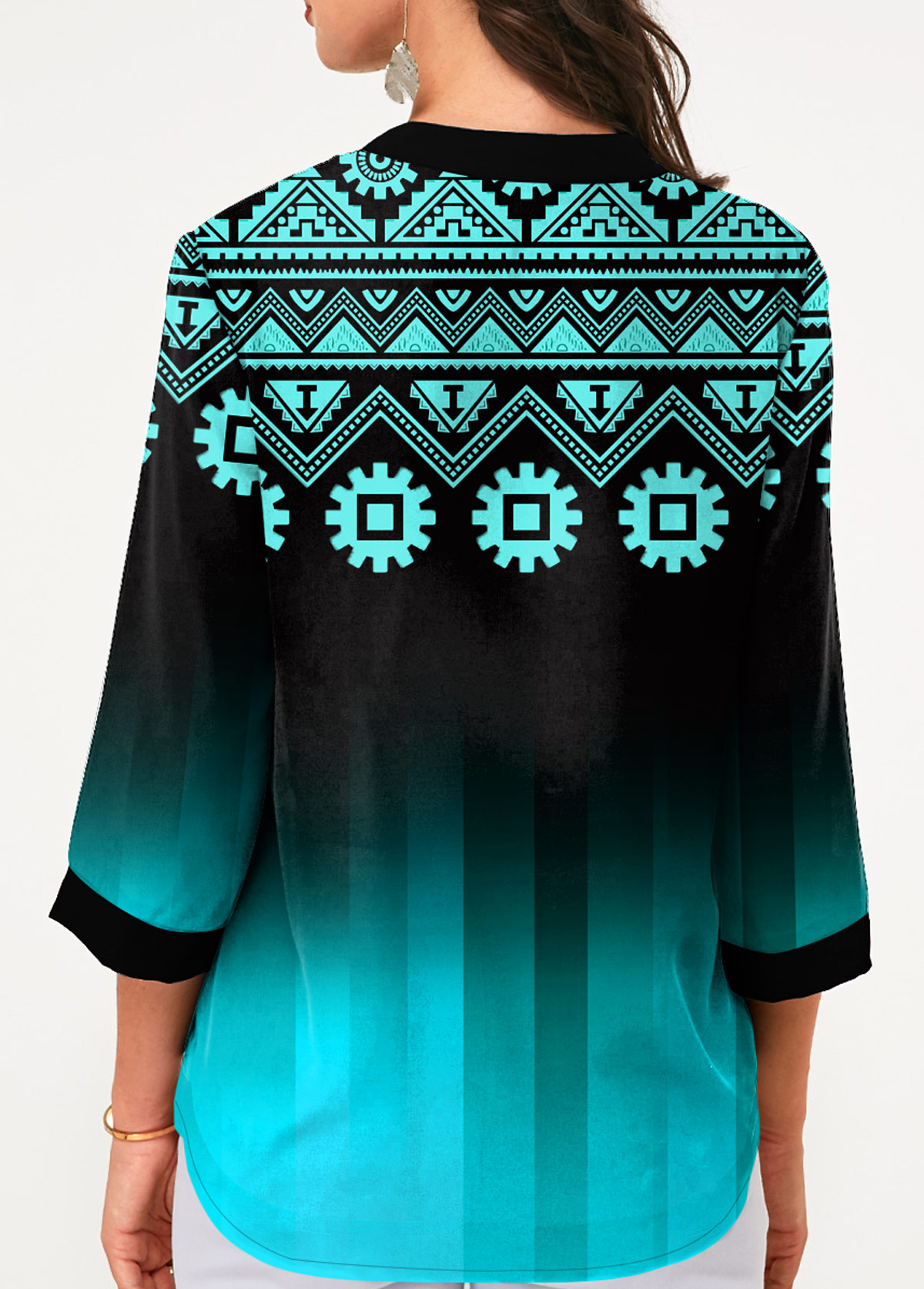 Cyan tops,Floral tops,ROTITA Tribal Print Three Quarter Sleeve Blouse