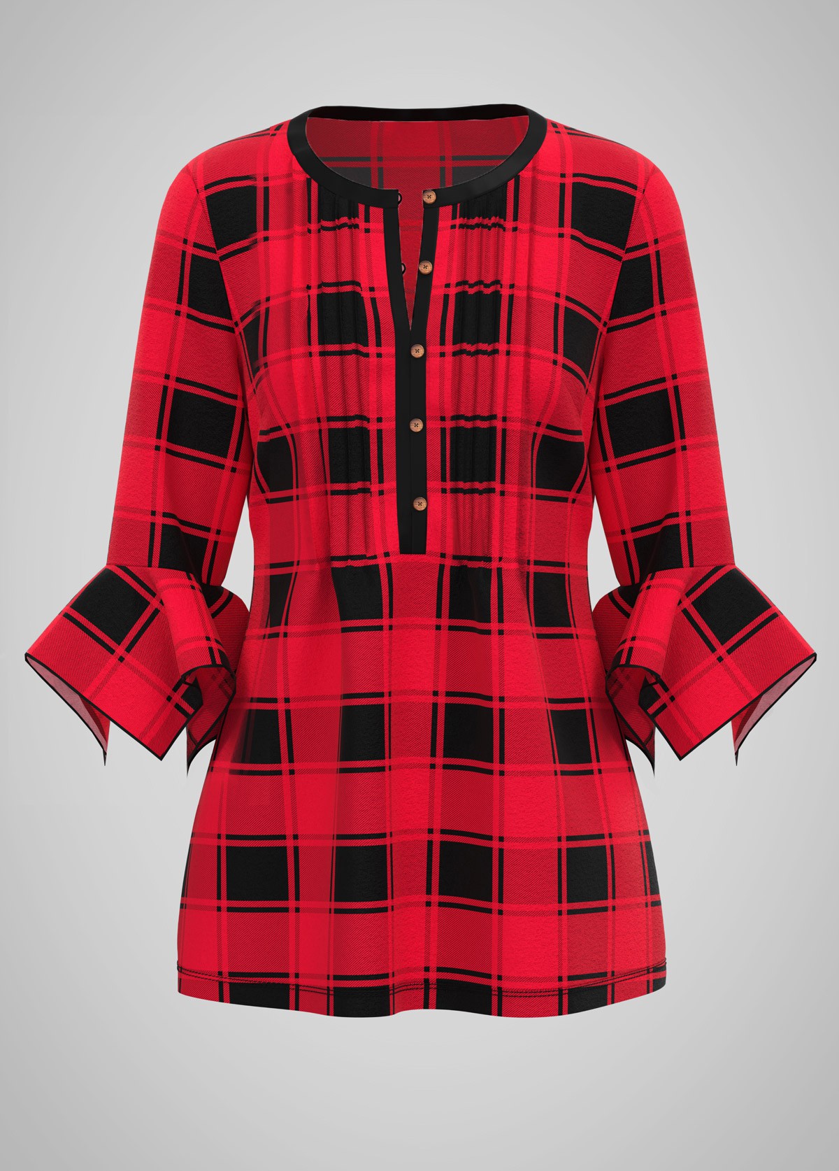 ROTITA Plaid Print Round Neck Hanky Cuff Blouse