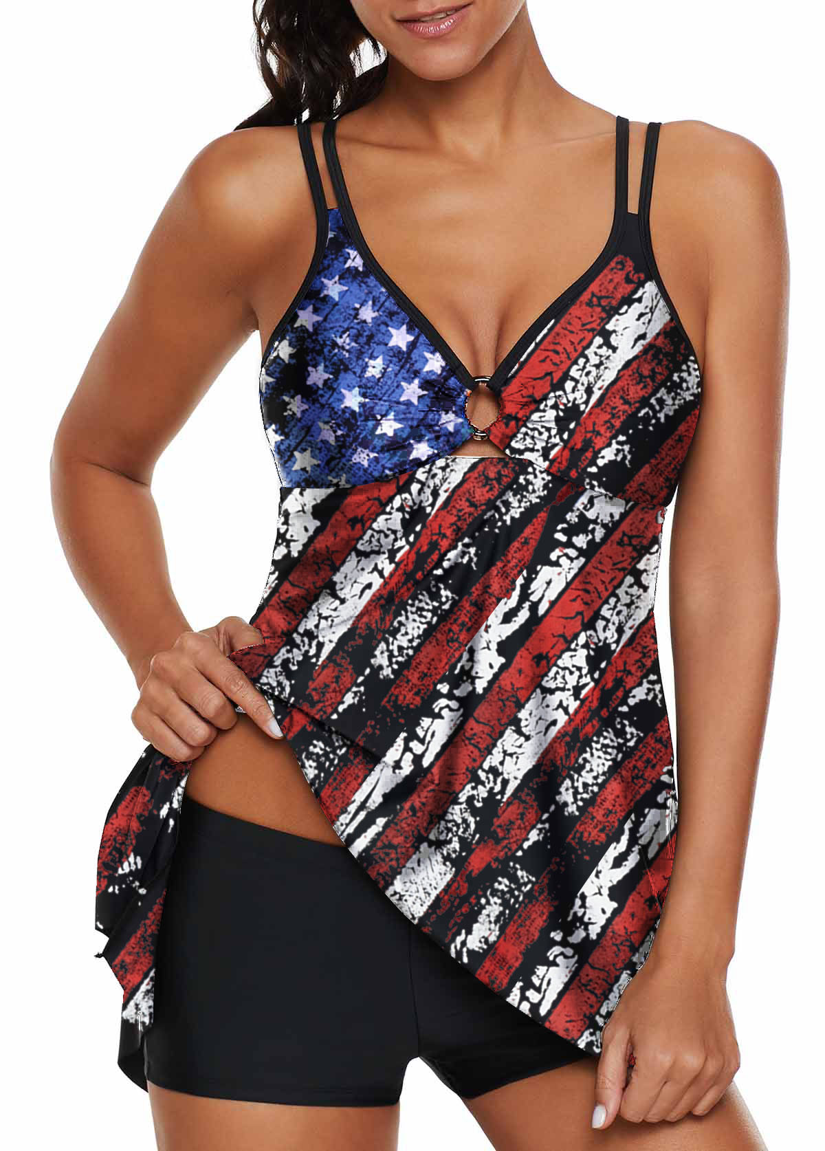 ROTITA Asymmetric Hem American Flag Print Swimdress and Shorts