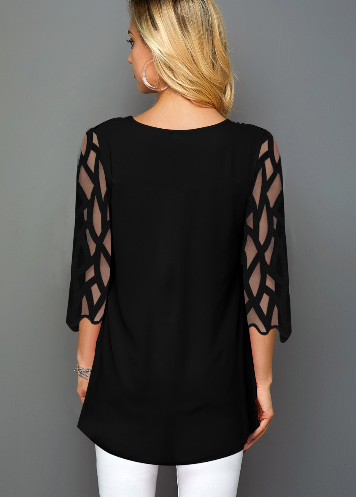 Blue tops,Floral tops,ROTITA Christmas Tree Print Mesh Panel T Shirt