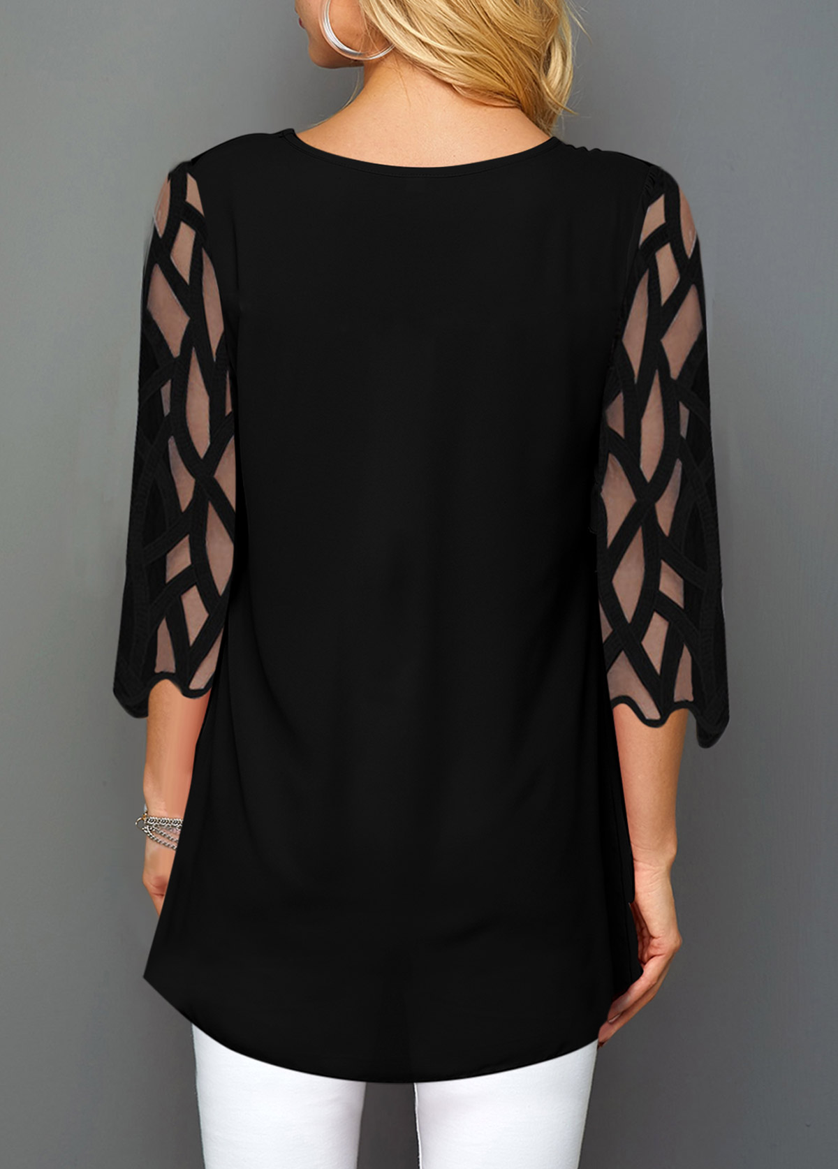 Blue tops,Floral tops,ROTITA Christmas Tree Print Mesh Panel T Shirt