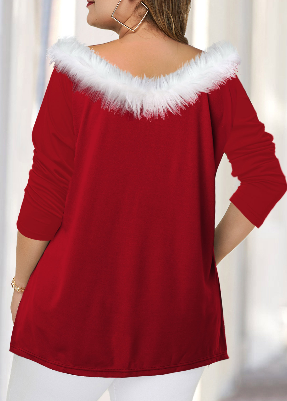 Red plus size,Contrast Color plus size,ROTITA Plus Size Fluffy Collar Tulip Hem T Shirt