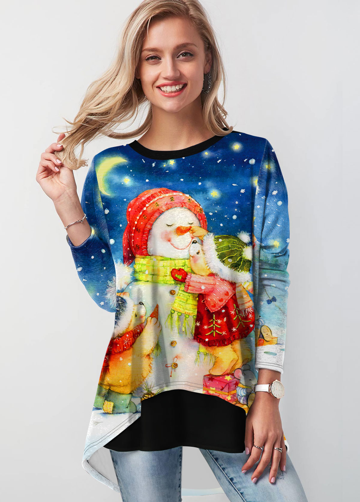 ROTITA Christmas Snowman Print Contrast Sweatshirt