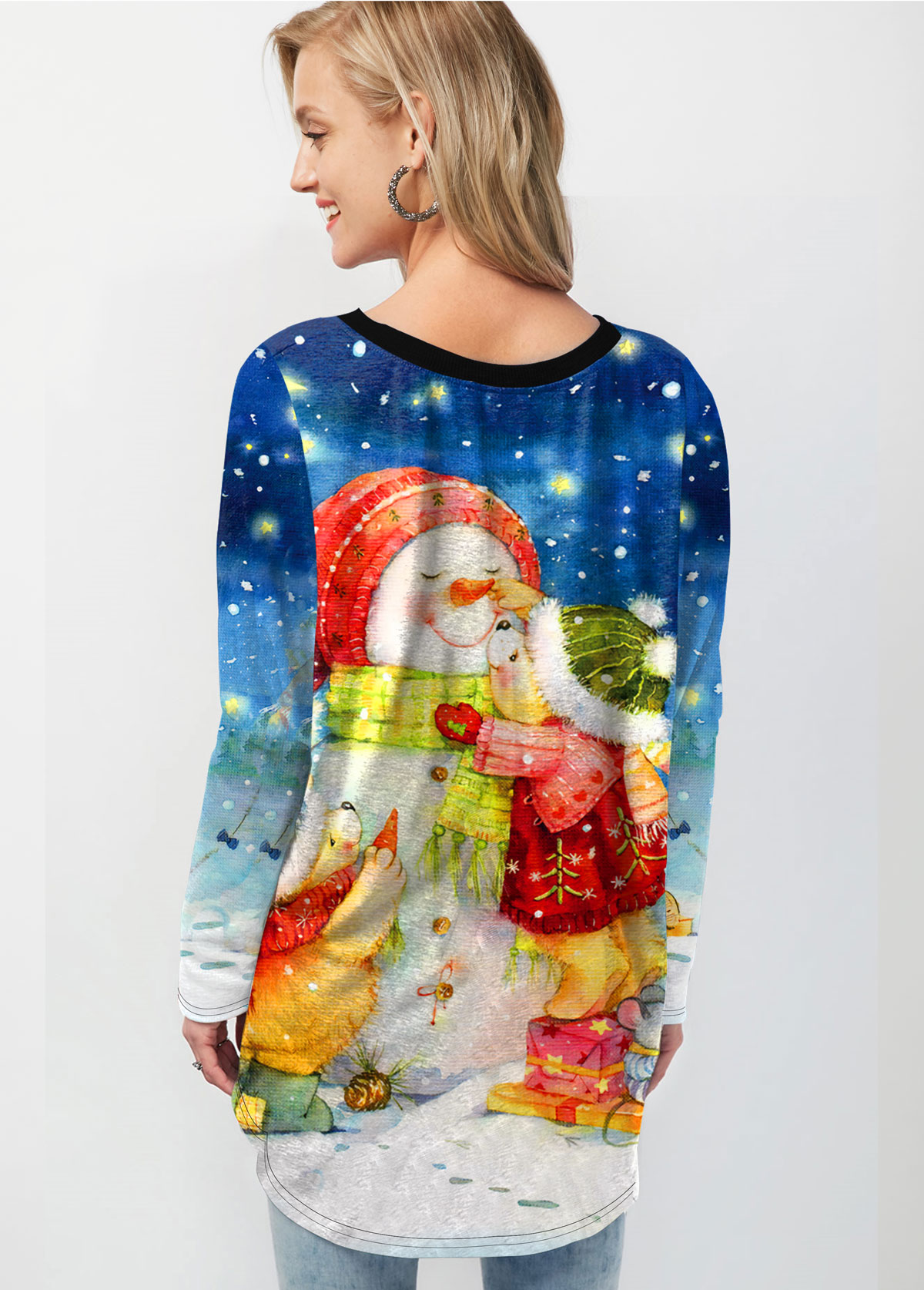 Blue tops,Christmas tops,ROTITA Christmas Snowman Print Contrast Sweatshirt