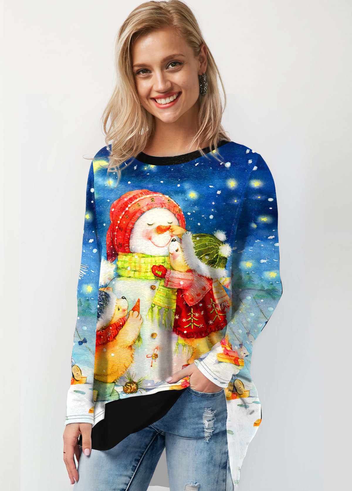 Blue tops,Christmas tops,ROTITA Christmas Snowman Print Contrast Sweatshirt
