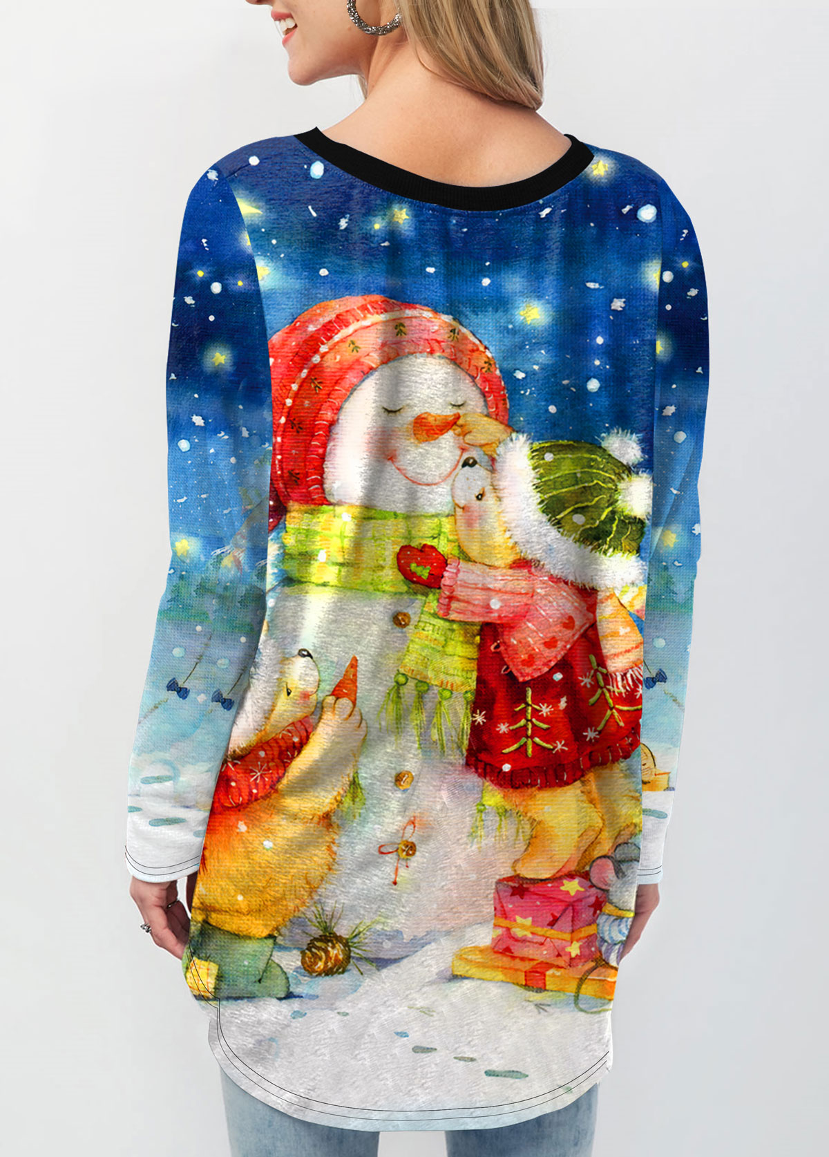Blue tops,Christmas tops,ROTITA Christmas Snowman Print Contrast Sweatshirt