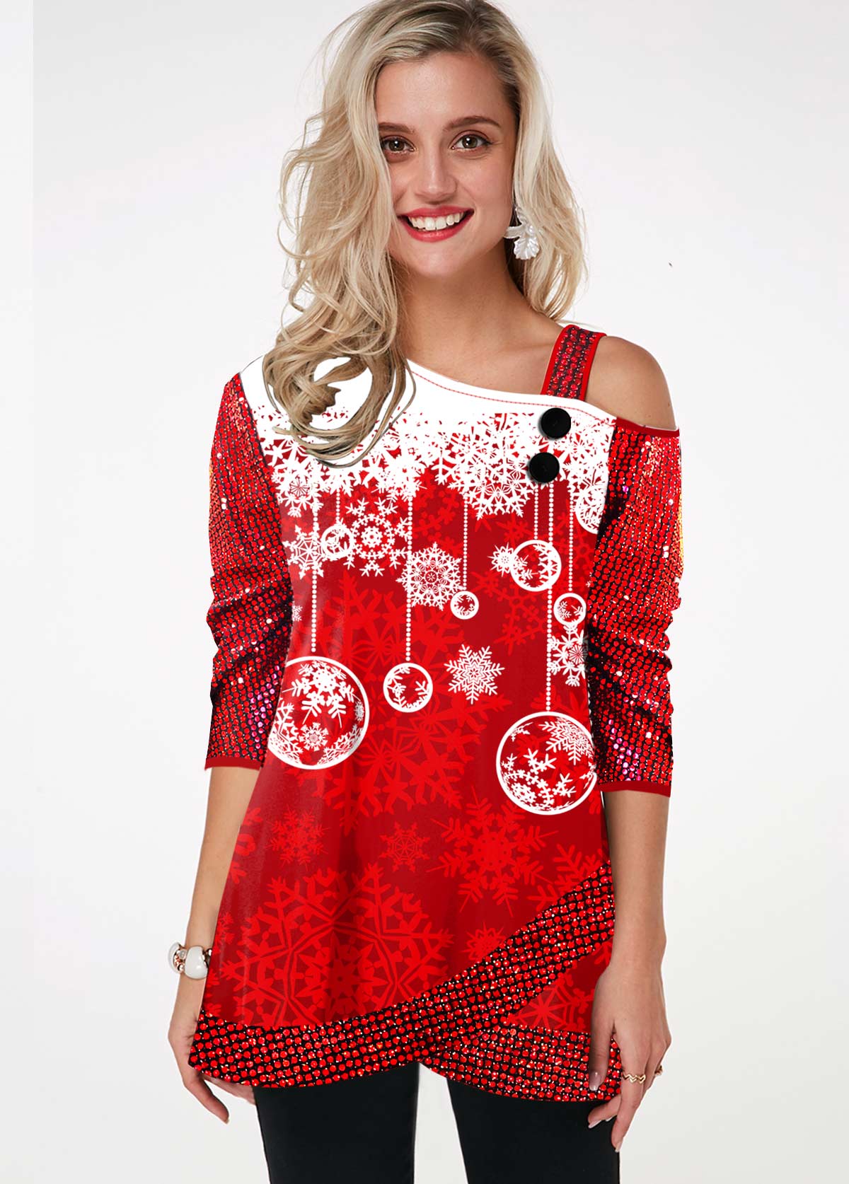 ROTITA Christmas Snowflake Print Cold Shoulder Sequin Sleeve T Shirt