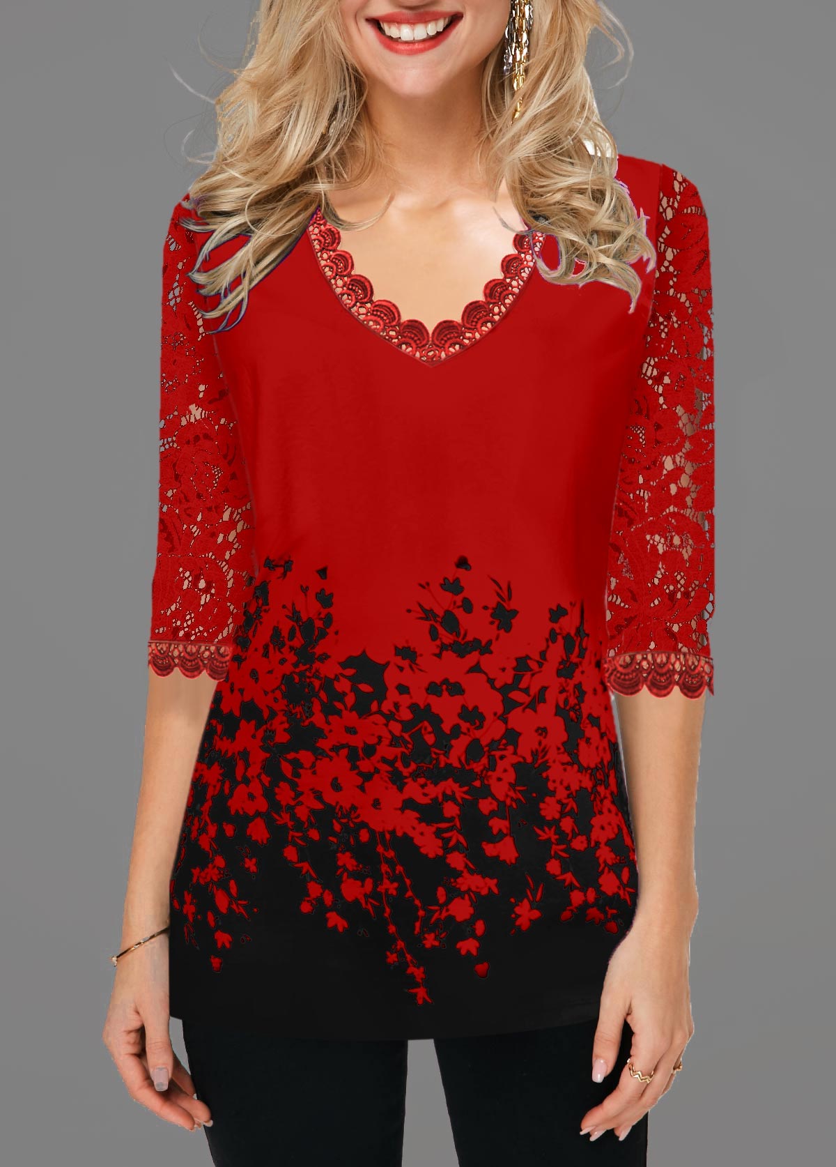 Red tops,Floral tops,ROTITA Lace Panel V Neck Floral Print T Shirt