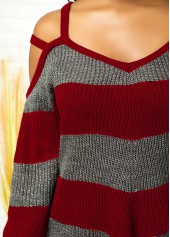 Red tops,Striped tops,ROTITA Striped Cold Shoulder Asymmetric Hem Sweater
