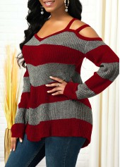 Red tops,Striped tops,ROTITA Striped Cold Shoulder Asymmetric Hem Sweater