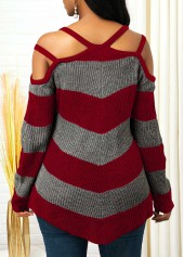 Red tops,Striped tops,ROTITA Striped Cold Shoulder Asymmetric Hem Sweater