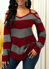 Red tops,Striped tops,ROTITA Striped Cold Shoulder Asymmetric Hem Sweater