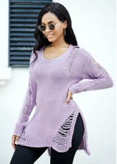 Purple tops,Plain Color tops,Long Sleeve Asymmetric Hem Draped Fringe Sweater