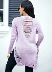 Purple tops,Plain Color tops,Long Sleeve Asymmetric Hem Draped Fringe Sweater