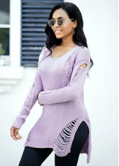 Purple tops,Plain Color tops,Long Sleeve Asymmetric Hem Draped Fringe Sweater