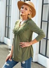 Olive Green tops,Plain Color tops,ROTITA Split Neck Lace Panel Long Sleeve Blouse