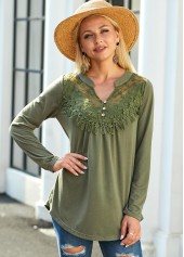 ROTITA Split Neck Lace Panel Long Sleeve Blouse