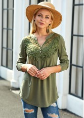 Olive Green tops,Plain Color tops,ROTITA Split Neck Lace Panel Long Sleeve Blouse