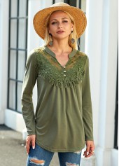 Olive Green tops,Plain Color tops,ROTITA Split Neck Lace Panel Long Sleeve Blouse
