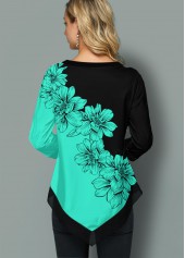 Cyan tops,Floral tops,ROTITA Split Neck Asymmetric Hem Floral Print Blouse