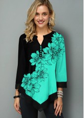 ROTITA Split Neck Asymmetric Hem Floral Print Blouse