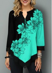 Cyan tops,Floral tops,ROTITA Split Neck Asymmetric Hem Floral Print Blouse