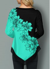 Cyan tops,Floral tops,ROTITA Split Neck Asymmetric Hem Floral Print Blouse
