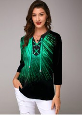 ROTITA Three Quarter Sleeve Printed Lace Up Blouse