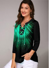Green tops,Floral tops,ROTITA Three Quarter Sleeve Printed Lace Up Blouse