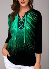 Green tops,Floral tops,ROTITA Three Quarter Sleeve Printed Lace Up Blouse