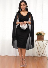 Black dresses,Plain Color dresses,ROTITA Black V Neck Cape Shoulder Dress