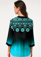 Cyan tops,Floral tops,ROTITA Tribal Print Three Quarter Sleeve Blouse