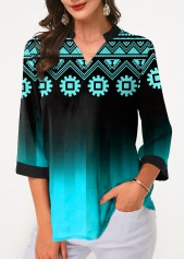 Cyan tops,Floral tops,ROTITA Tribal Print Three Quarter Sleeve Blouse