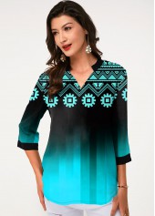 Cyan tops,Floral tops,ROTITA Tribal Print Three Quarter Sleeve Blouse