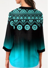 Cyan tops,Floral tops,ROTITA Tribal Print Three Quarter Sleeve Blouse