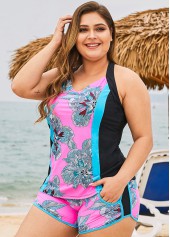 Pink plus size,Floral plus size,ROTITA Plus Size Tribal Print Cross Strap Tankini Set