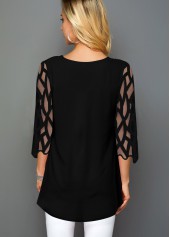 Blue tops,Floral tops,ROTITA Christmas Tree Print Mesh Panel T Shirt