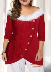 ROTITA Plus Size Fluffy Collar Tulip Hem T Shirt