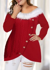 Red plus size,Contrast Color plus size,ROTITA Plus Size Fluffy Collar Tulip Hem T Shirt