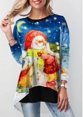 Blue tops,Christmas tops,ROTITA Christmas Snowman Print Contrast Sweatshirt