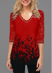 ROTITA Lace Panel V Neck Floral Print T Shirt