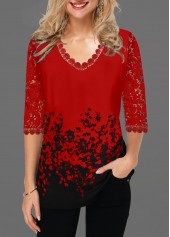 Red tops,Floral tops,ROTITA Lace Panel V Neck Floral Print T Shirt