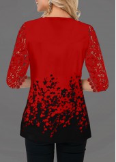 Red tops,Floral tops,ROTITA Lace Panel V Neck Floral Print T Shirt